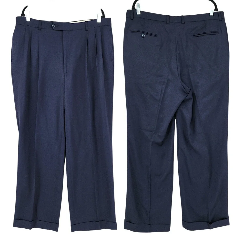 Jones New York Suit 46R Mens Navy Blue Wool 2 Piece Pleated Cuffed Professional‎